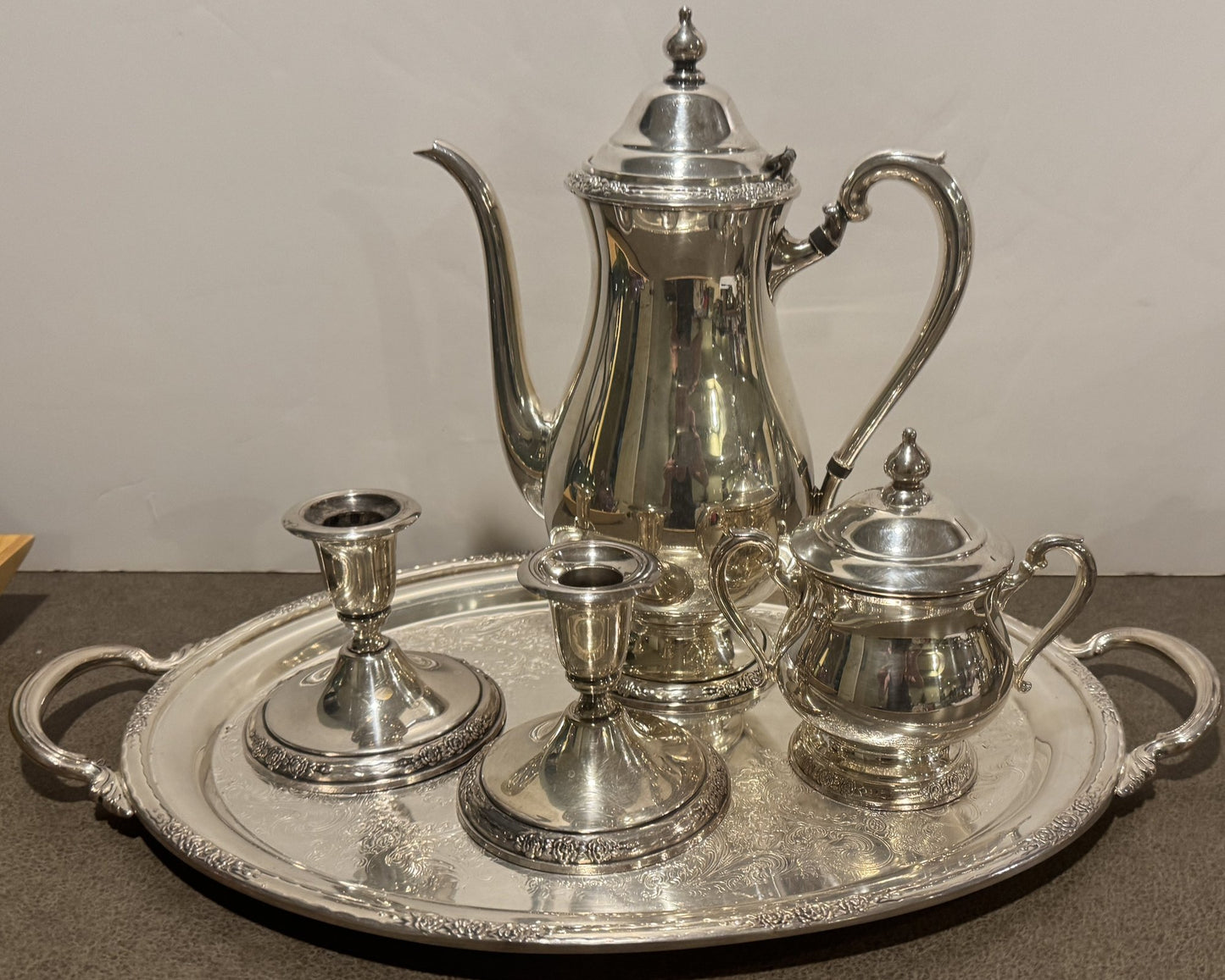 Vintage Camille Silverplate Tea/Coffee Items With Tray & Candle Sticks Holders