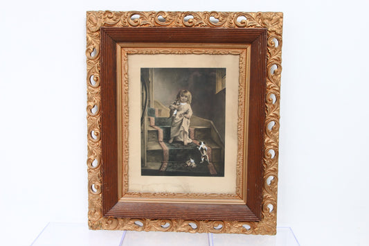 Antique Victorian Engraving "Family Cares" — Alfred Lucas After E.C. Barnes — Child with Kittens in Spectacular Ornate Carved Gilt Frame