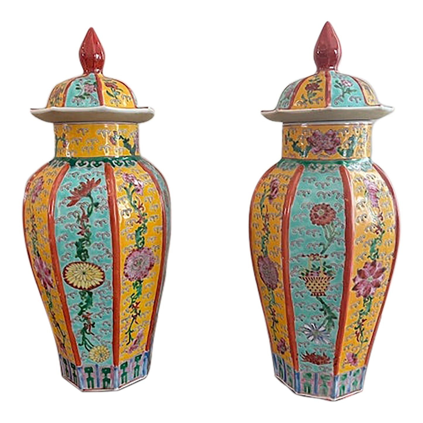 Pair of Chinese Famille Rose Octagonal Covered Jars | Turquoise & Yellow Chinoiserie Ginger Jars with Lids