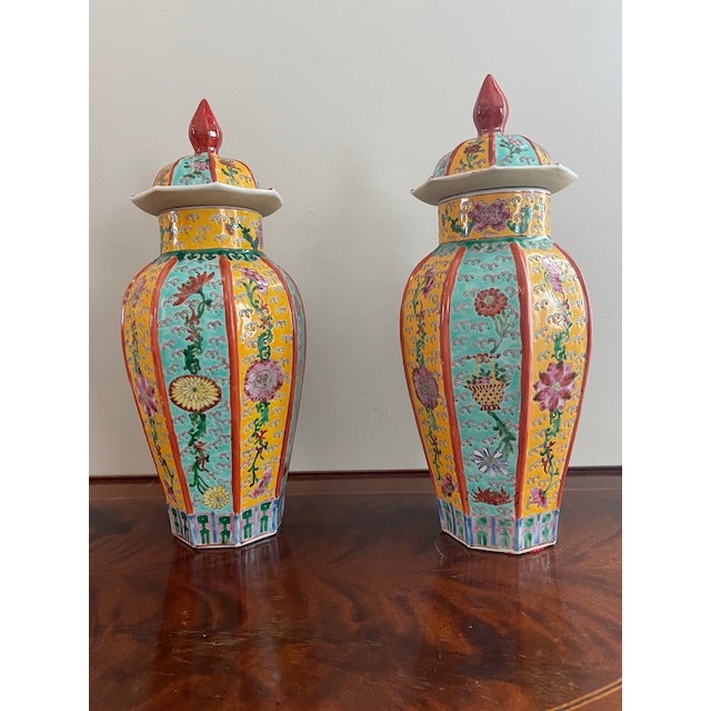 Pair of Chinese Famille Rose Octagonal Covered Jars | Turquoise & Yellow Chinoiserie Ginger Jars with Lids