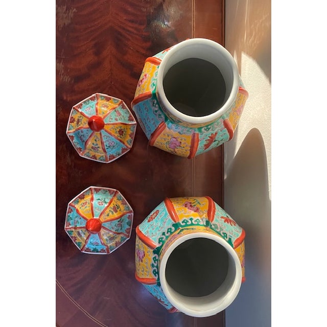 Pair of Chinese Famille Rose Octagonal Covered Jars | Turquoise & Yellow Chinoiserie Ginger Jars with Lids
