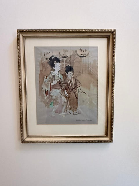 Jack Levine “Geisha With Attendant” — Hand-Embellished Pochoir, Facing East Portfolio, 1970 | Gilt Frame