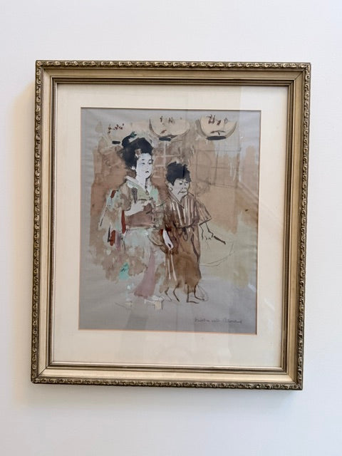 Jack Levine “Geisha With Attendant” — Hand-Embellished Pochoir, Facing East Portfolio, 1970 | Gilt Frame