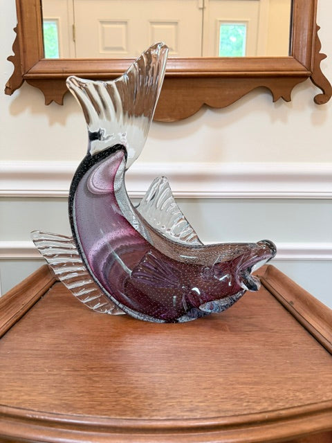 Vintage Murano Art Glass Leaping Fish Sculpture — Amethyst Sommerso With Bullicante, Mid-Century Italian