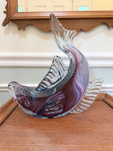 Vintage Murano Art Glass Leaping Fish Sculpture — Amethyst Sommerso With Bullicante, Mid-Century Italian
