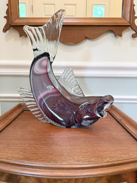Vintage Murano Art Glass Leaping Fish Sculpture — Amethyst Sommerso With Bullicante, Mid-Century Italian