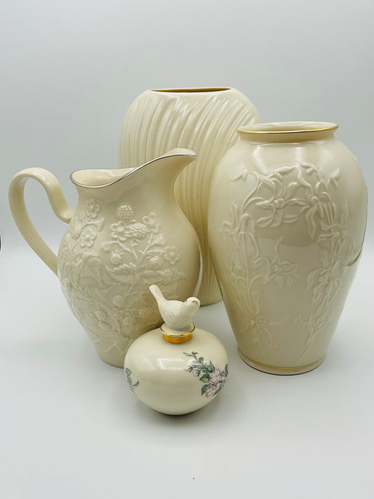 Lenox Ivory Porcelain Collection — 4 Pieces — Embossed Floral Pitcher, Centennial Vase, Woodland Vase & Serenade Perfume Bottle — Made in USA