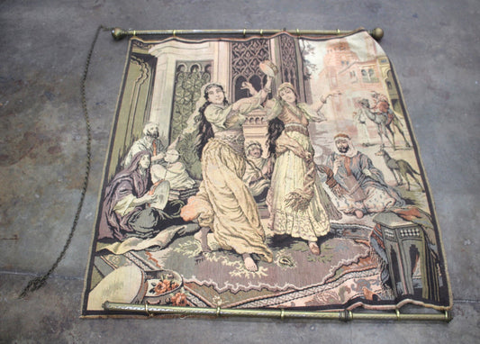 Large Vintage Orientalist Woven Tapestry Wall Hanging — Middle Eastern Dance Scene | 53" × 50" with Brass Rod