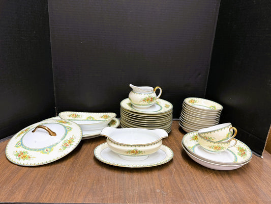 Antique Noritake Morimura "M" Mark 33-Piece China Set — Rose & Blue Garland Pattern — Pre-WWII — Plates, Bowls, Gravy Boat, Creamer & More
