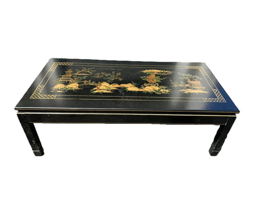 Vintage Black Chinoiserie Coffee Table Painted Asian Scenes by Katherine Henick