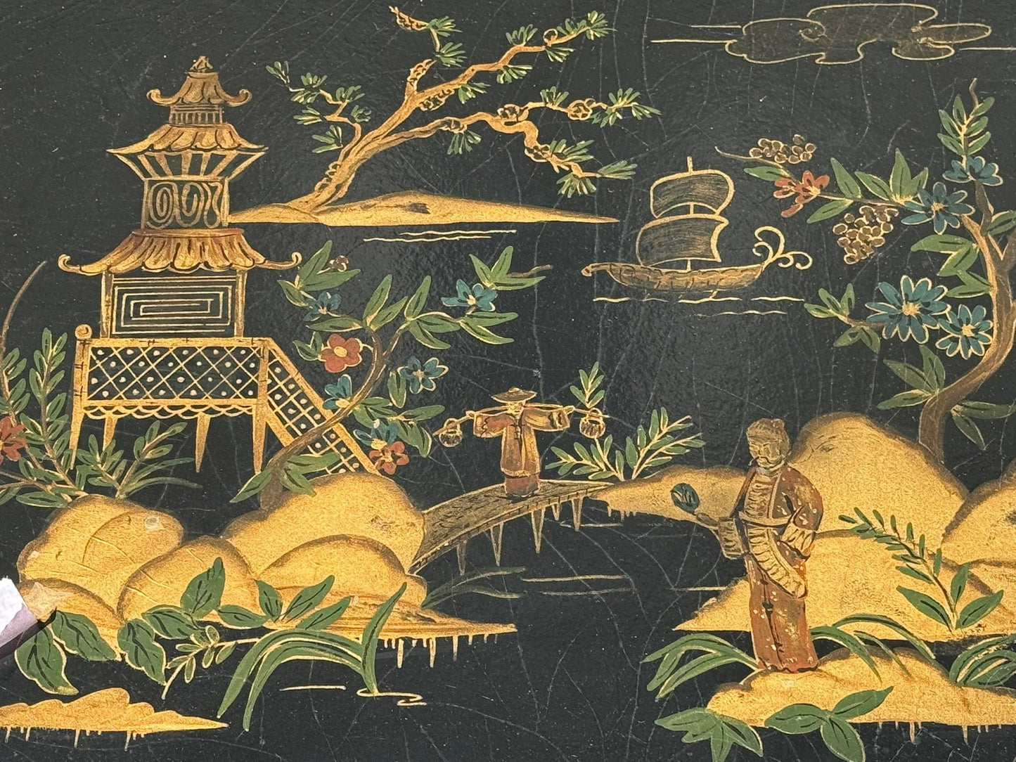 Vintage Black Chinoiserie Coffee Table Painted Asian Scenes by Katherine Henick