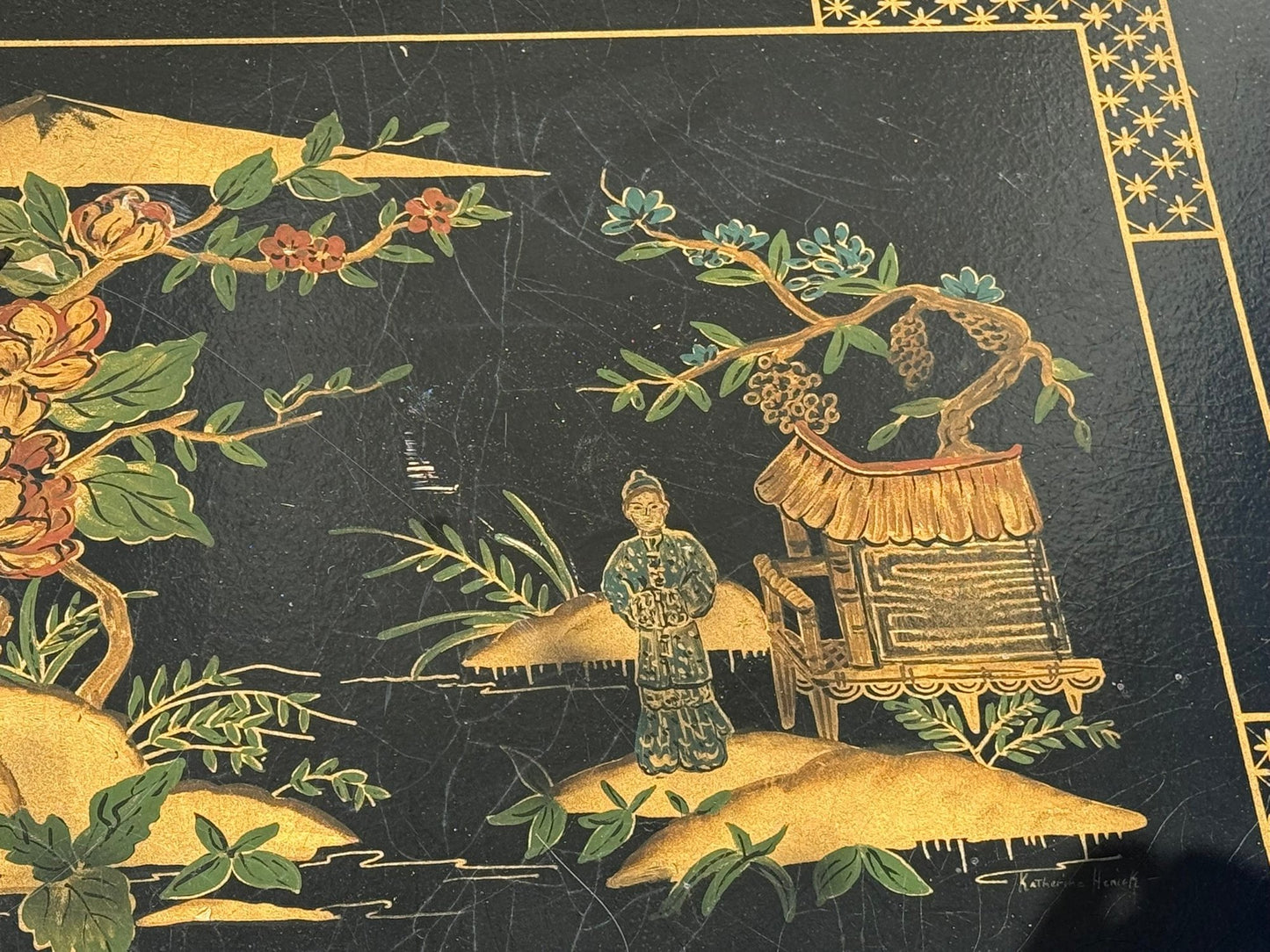 Vintage Black Chinoiserie Coffee Table Painted Asian Scenes by Katherine Henick