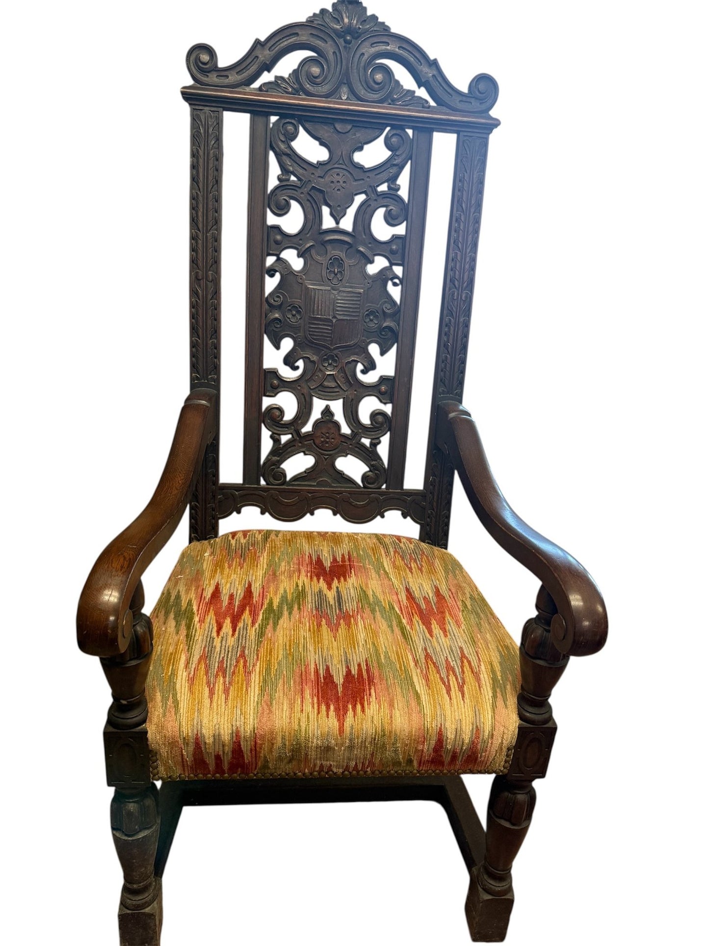Dark Wood Baroque Revival King’s Chair with Carved Crest