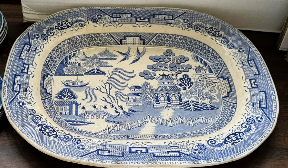 Early 19th Century Monumental English Blue Willow Turkey Platter
