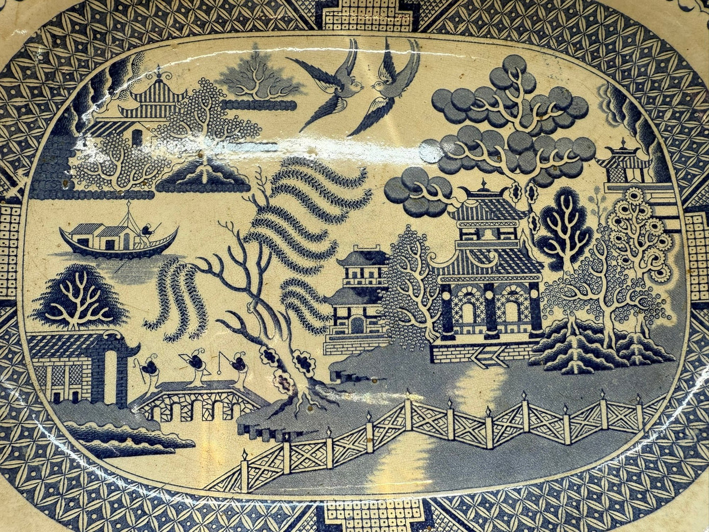 Early 19th Century Monumental English Blue Willow Turkey Platter