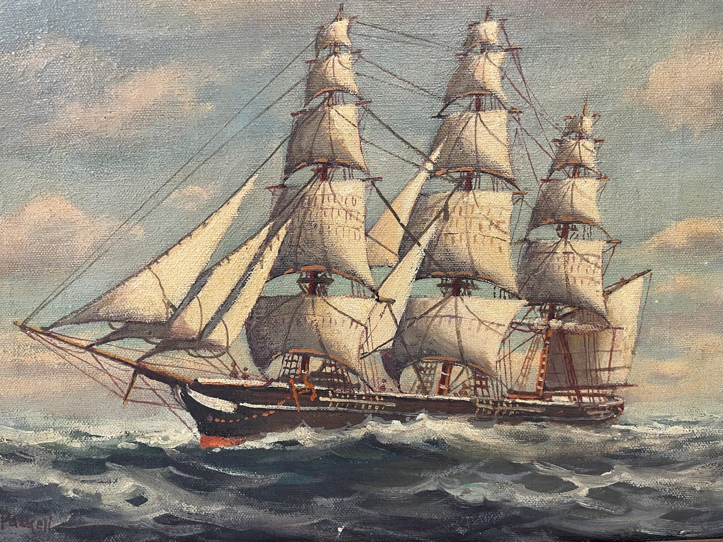 William Frederick Paskell (1866–1951) — Three-Masted Tall Ship at Sea | Signed Oil on Canvas