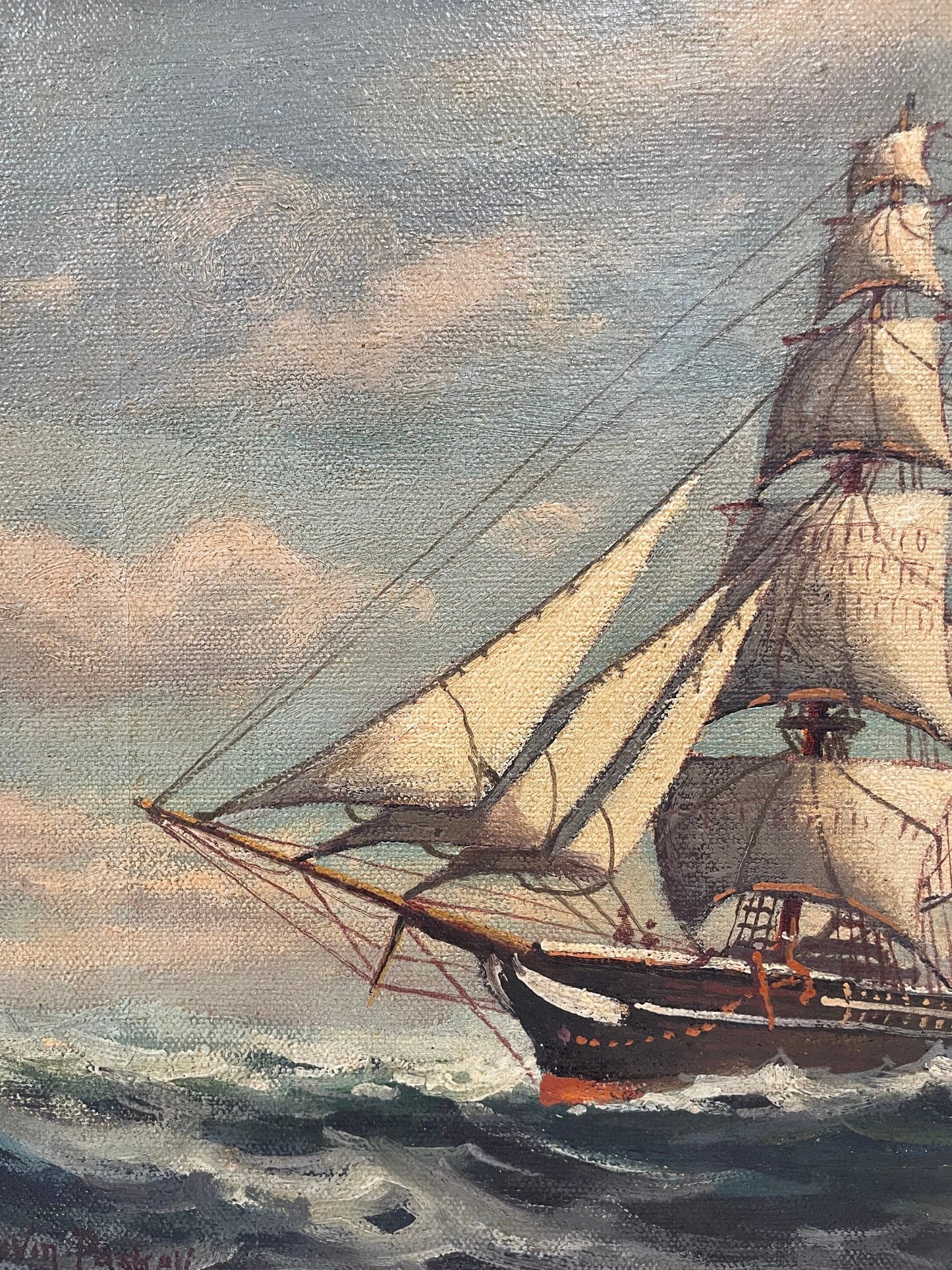 William Frederick Paskell (1866–1951) — Three-Masted Tall Ship at Sea | Signed Oil on Canvas