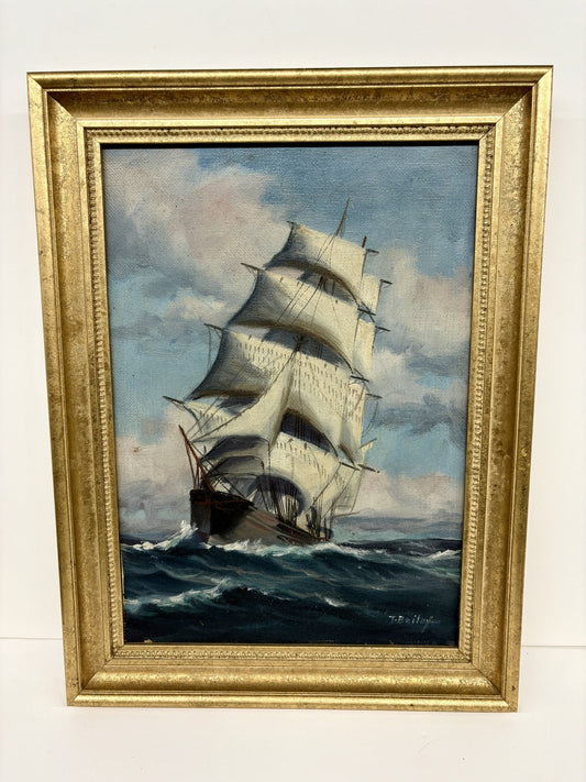 T. Bailey “Full Sail Ship at Sea” Oil Painting in Gilt Frame – 12.5” x 17”