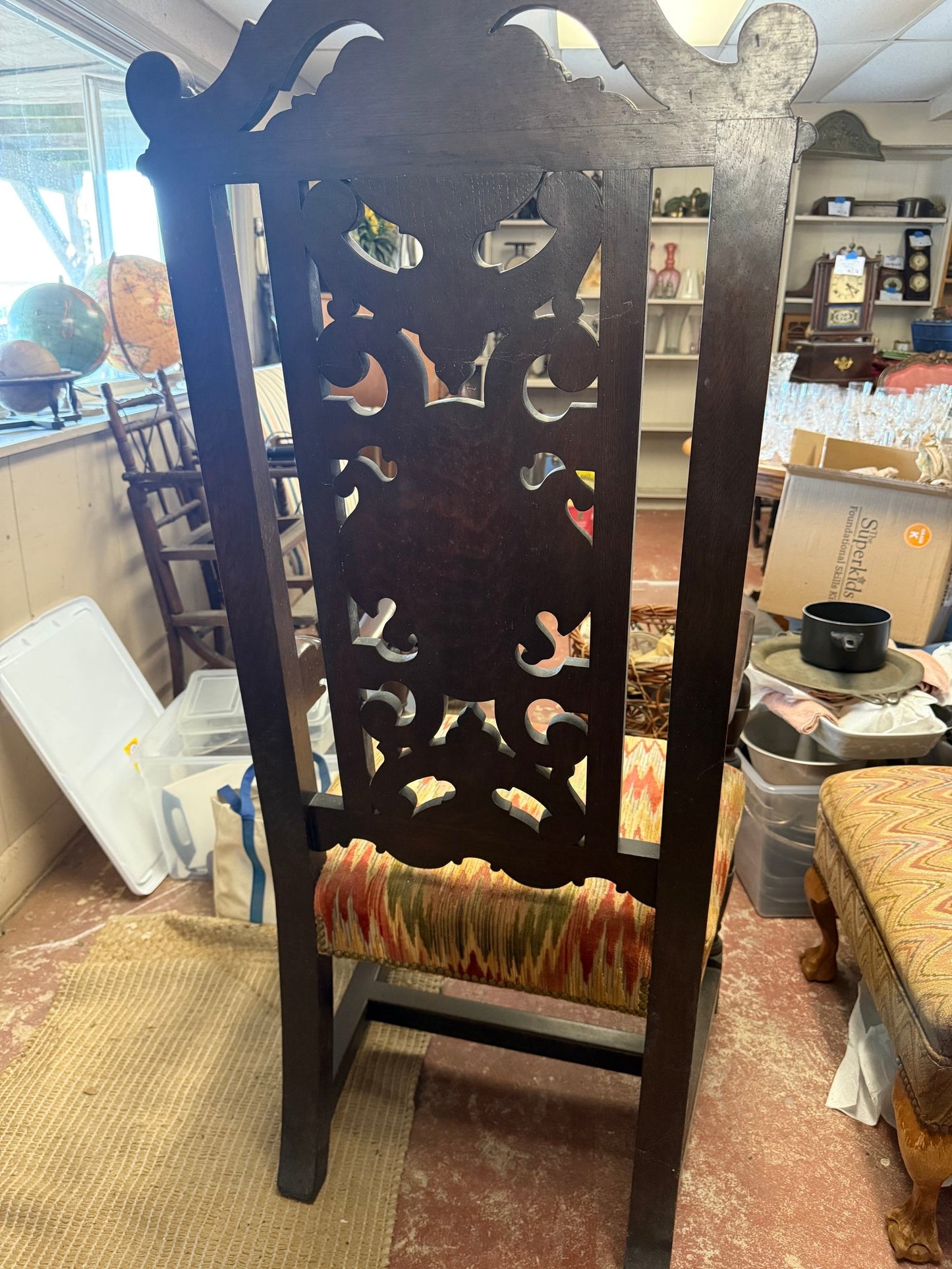 Dark Wood Baroque Revival King’s Chair with Carved Crest