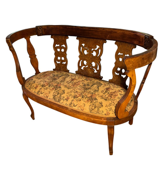 Matched 2-Piece Antique Victorian Carved Walnut Barrel Back Parlor Suite — Settee & Armchair — Pierced Acanthus Splats, Cabriole Legs, Period Upholstery — 19th Century