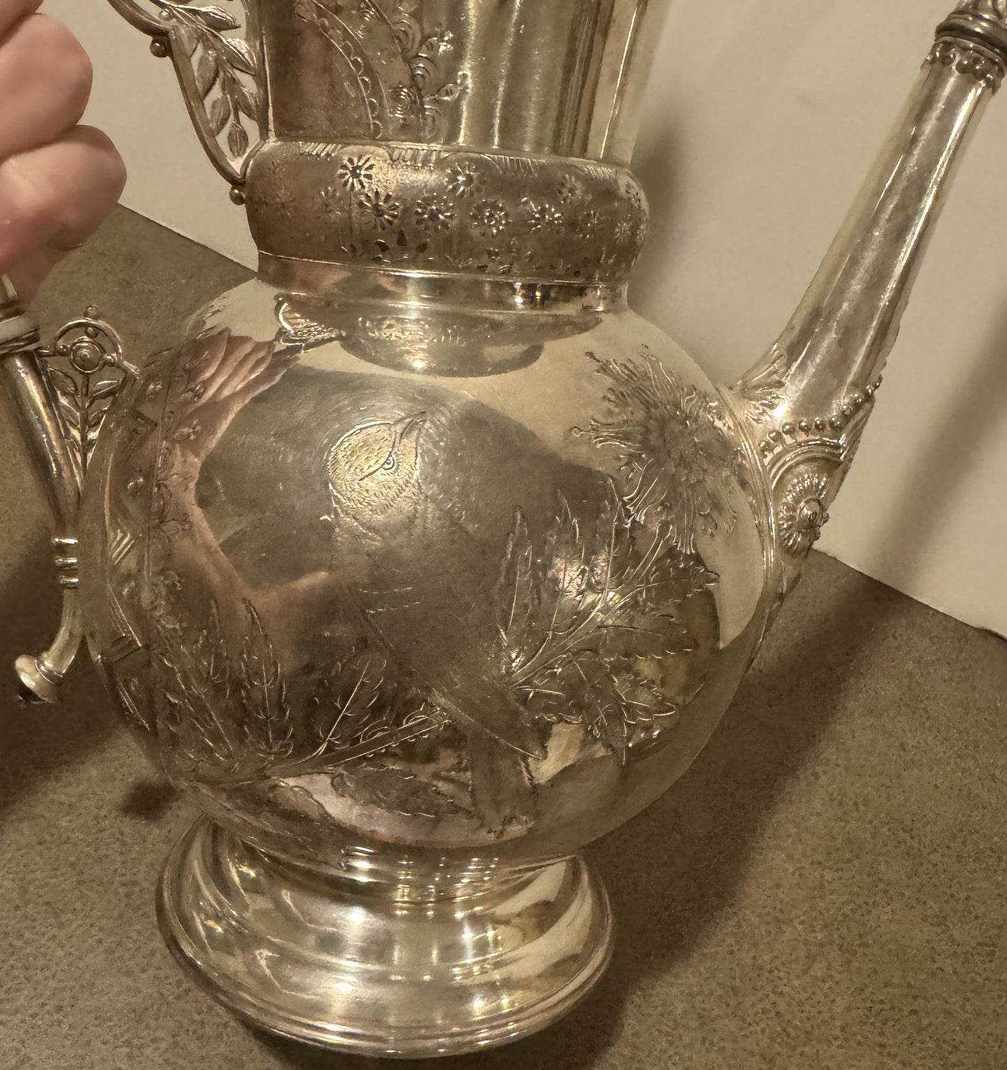 Vintage 1946 Rogers Smith Silver-Plated Tea Kettle Pot – Engraved Floral & Bird Design