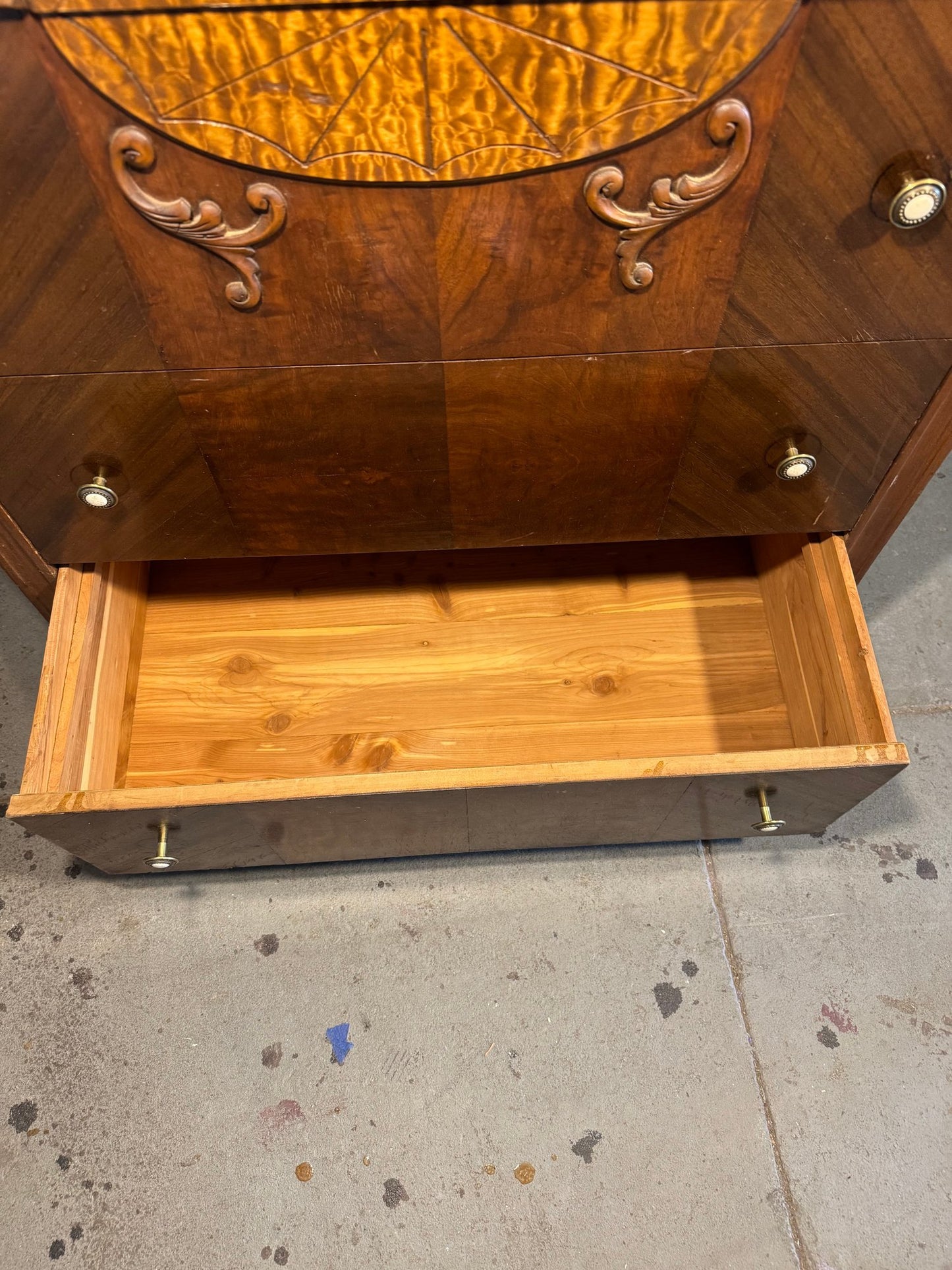 Art Deco Waterfall Style Inlaid Chest of Drawers – 1930s–1940s, 48″ Tall