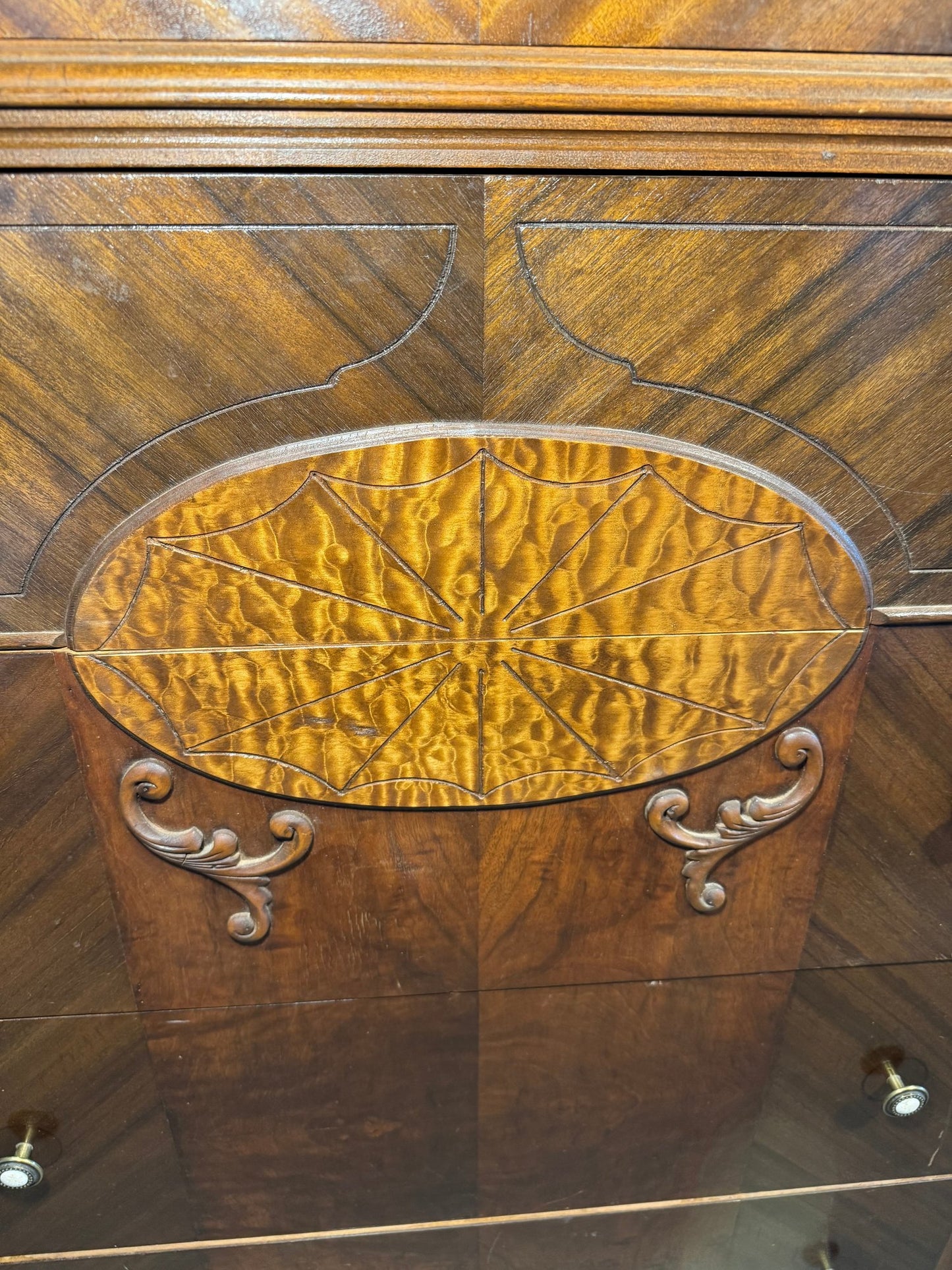 Art Deco Waterfall Style Inlaid Chest of Drawers – 1930s–1940s, 48″ Tall