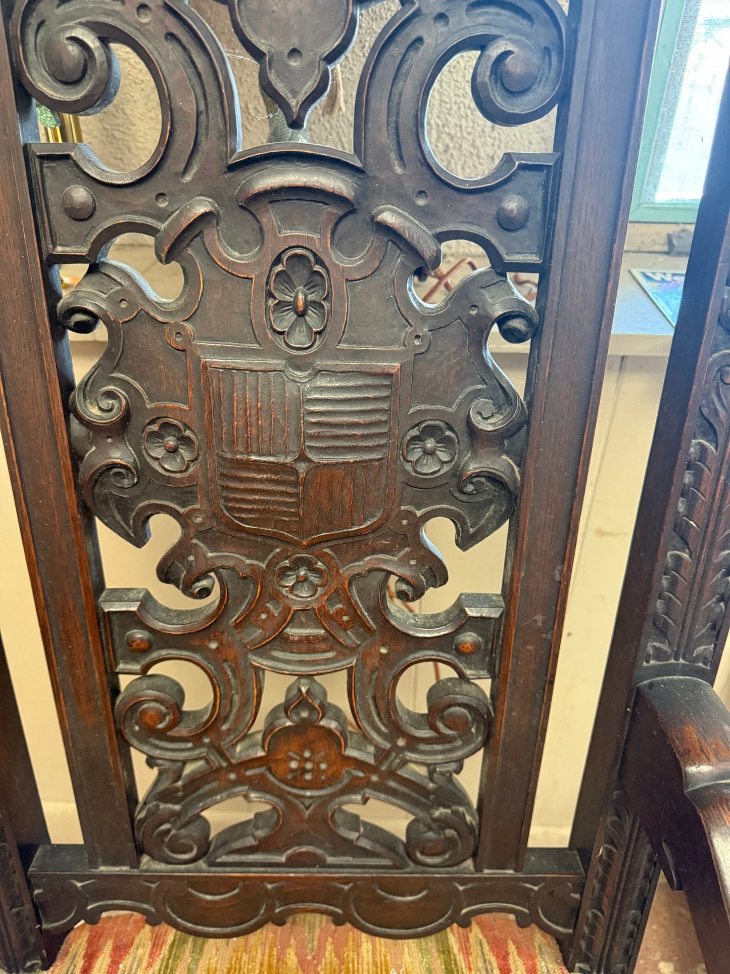 Dark Wood Baroque Revival King’s Chair with Carved Crest