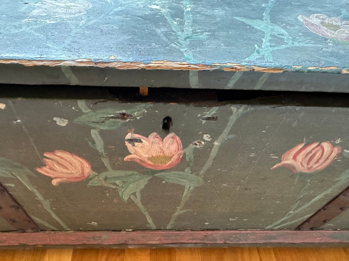 Antique Hand-Painted Green Storage Chest with Floral Motifs – Central/Eastern Europe, 43” Wide