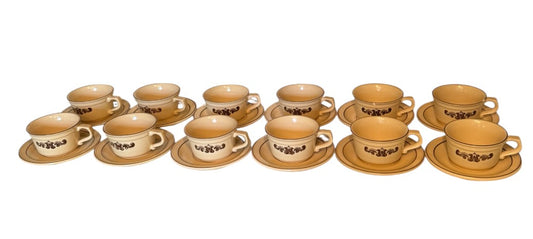 Pfaltzgraff Village Pattern 24-Piece Cup & Saucer Set — 12 Cups + 12 Saucers — Vintage 1970s American Stoneware