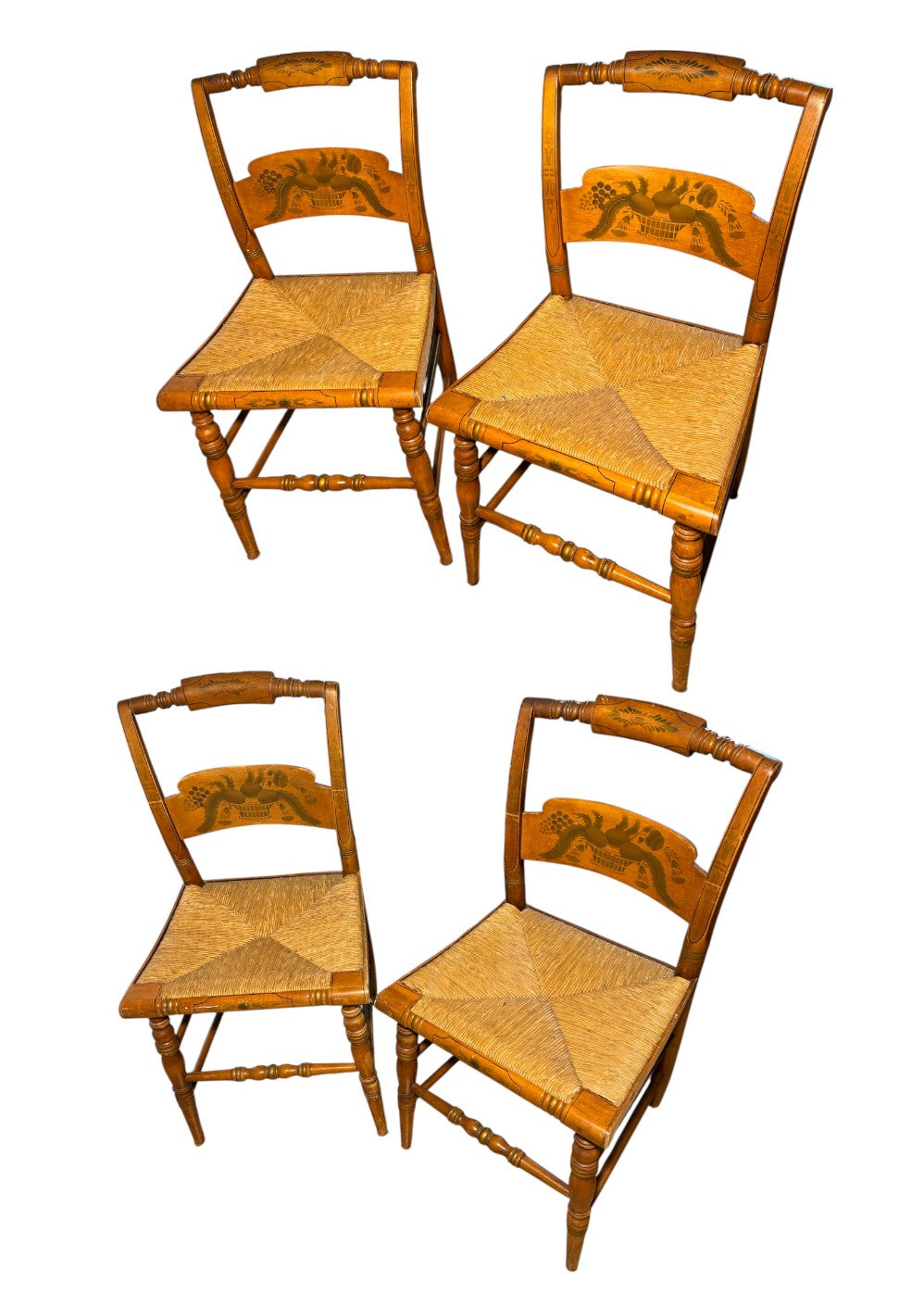 Set of 6 Antique Hitchcock-Style Stenciled Rush Seat Side Chairs — Fruit Basket Splat, Turned Legs & Stretchers — Complete Dining Set — American Federal Period