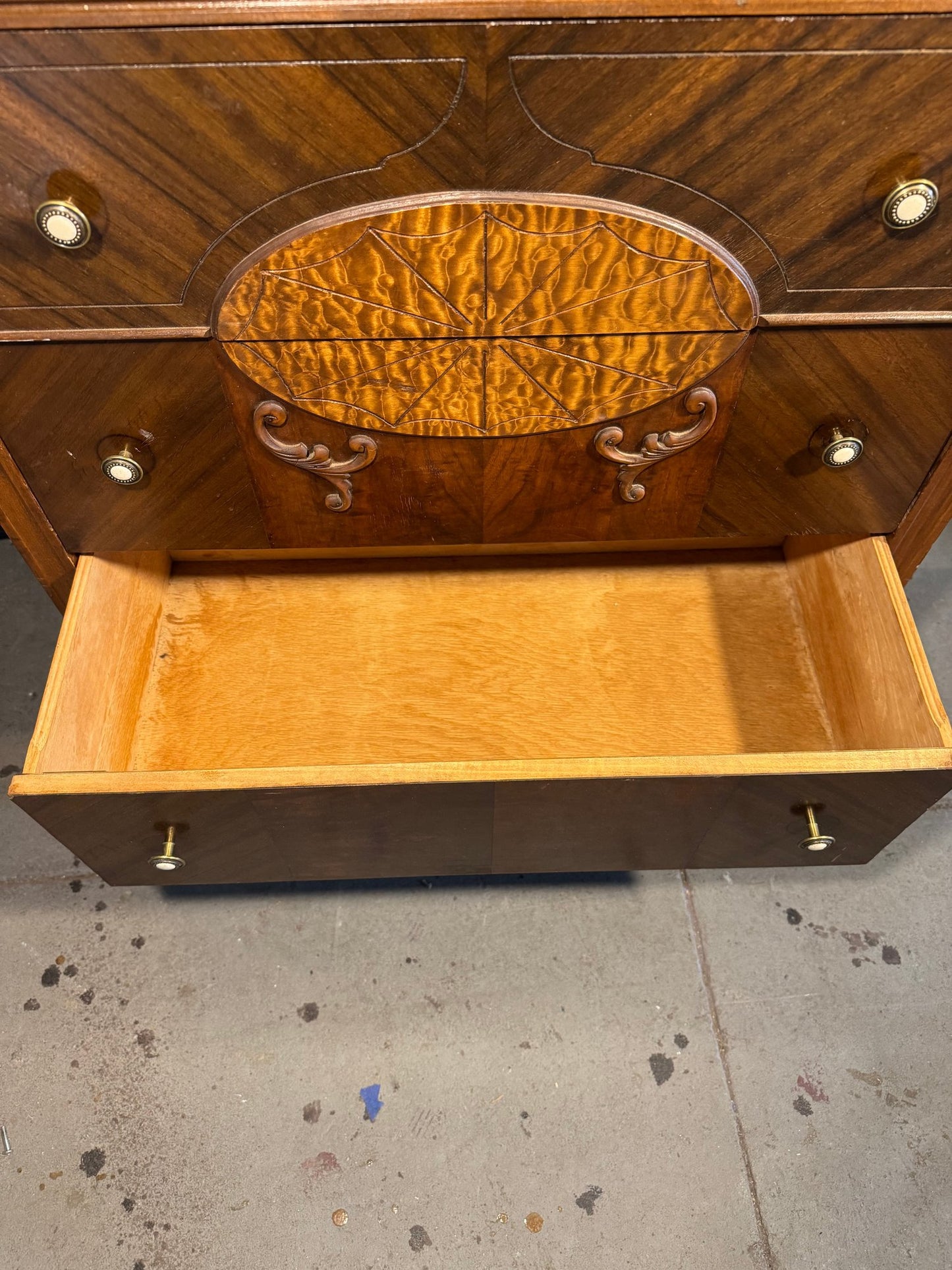Art Deco Waterfall Style Inlaid Chest of Drawers – 1930s–1940s, 48″ Tall