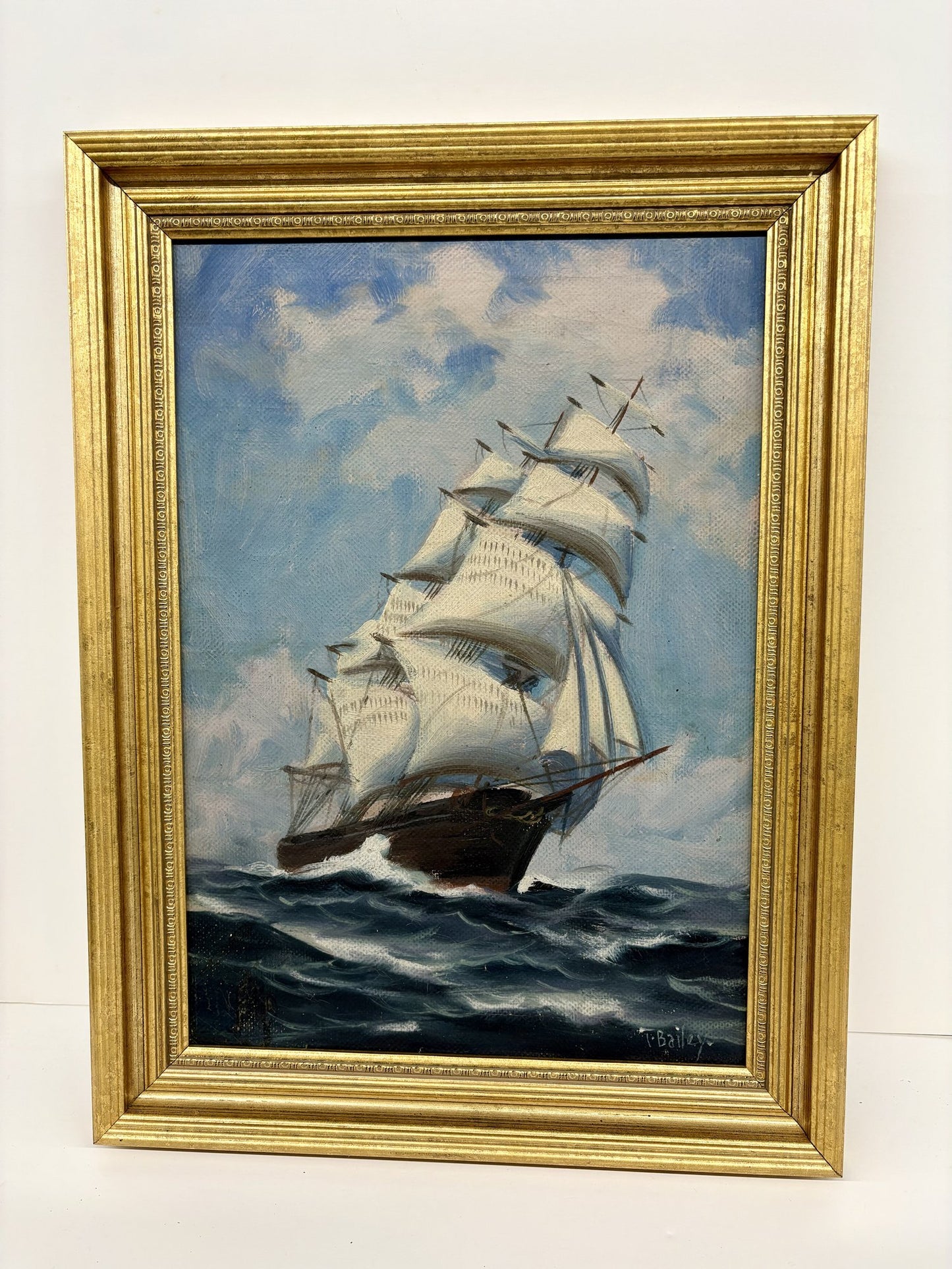 T. Bailey “Ship at Sea – Blue Sky, White Clouds” Oil Painting – 12.5” x 16.5” Framed