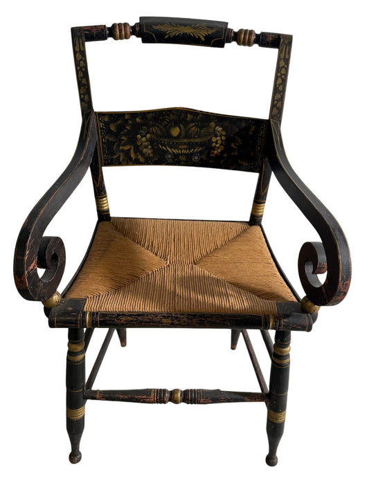 Vintage Hitchcock Black Painted Armchair with Rush Seat