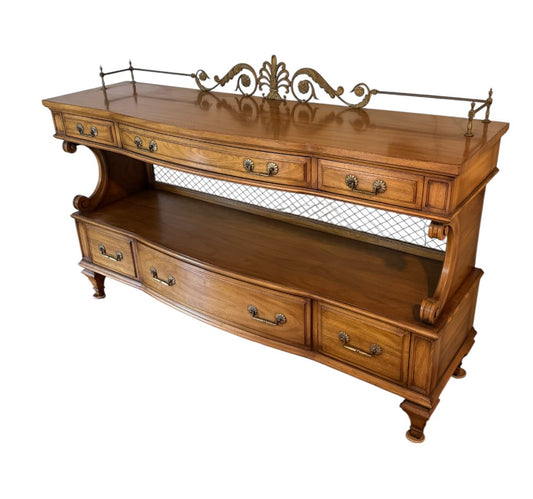 Rapids Furniture Co. Boston — French Regency Louis XV Two-Tier Sideboard Buffet — Ornate Brass Gallery, Scrolled Supports, Wire Mesh Panel, 9 Drawers — 60"W