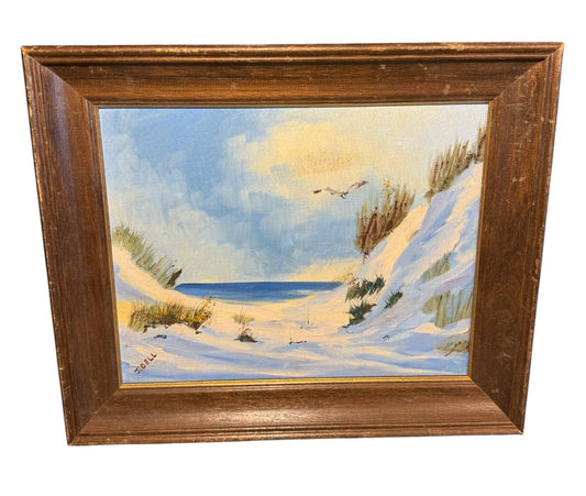 Cape Cod Sand Dunes – Original Oil Painting Signed J. Dell, 17″ × 14″ (Framed)