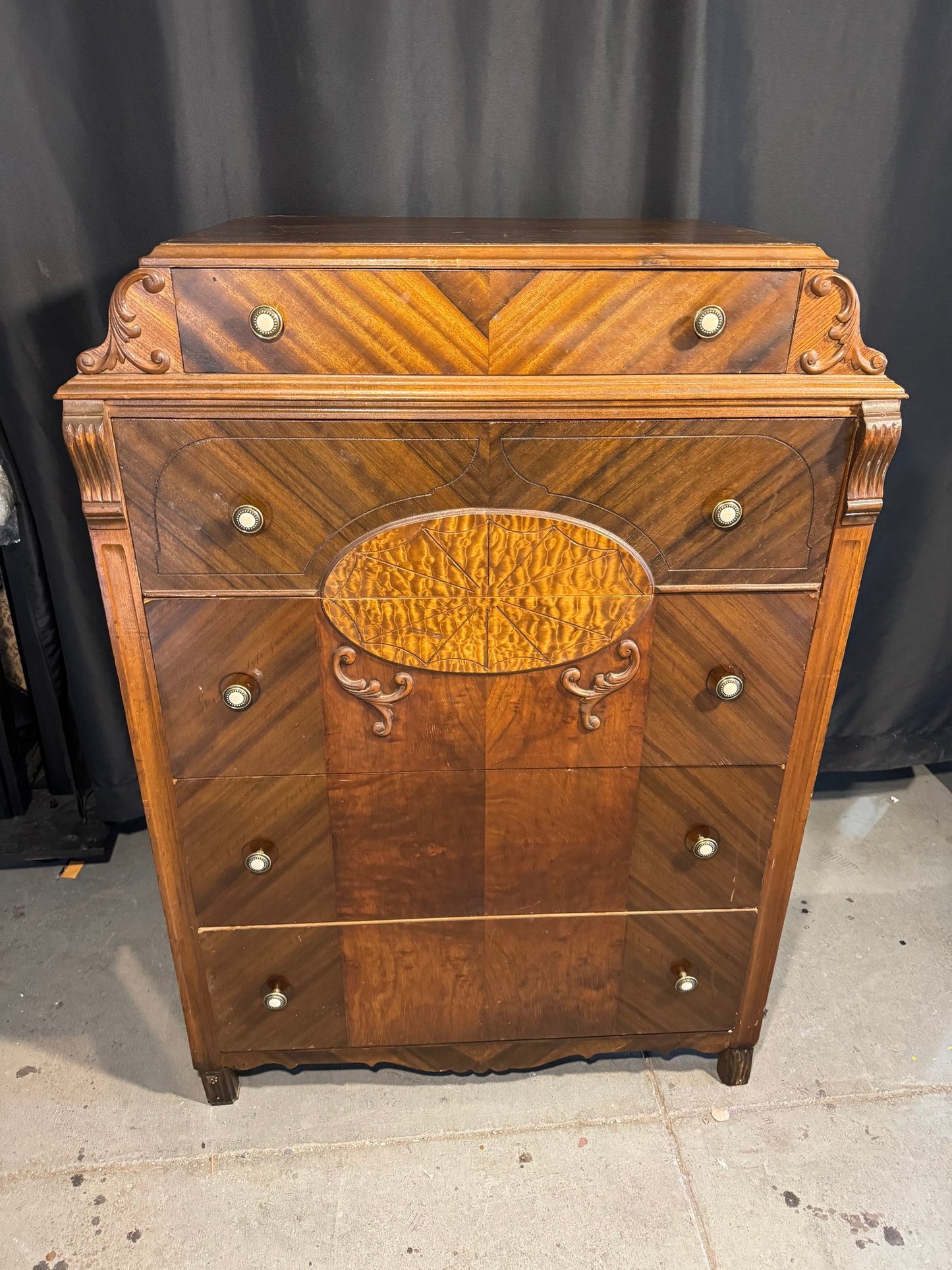 Art Deco Waterfall Style Inlaid Chest of Drawers – 1930s–1940s, 48″ Tall