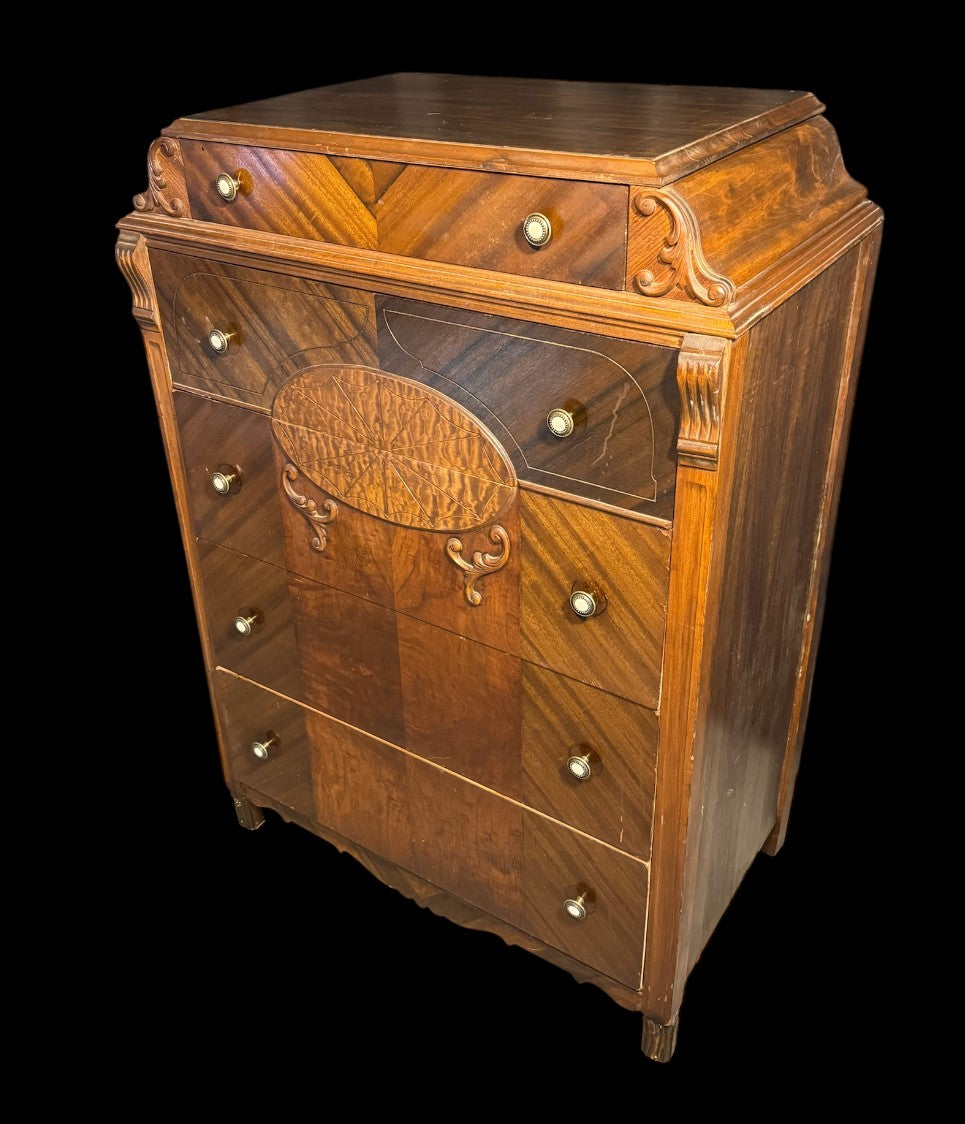 Art Deco Waterfall Style Inlaid Chest of Drawers – 1930s–1940s, 48″ Tall