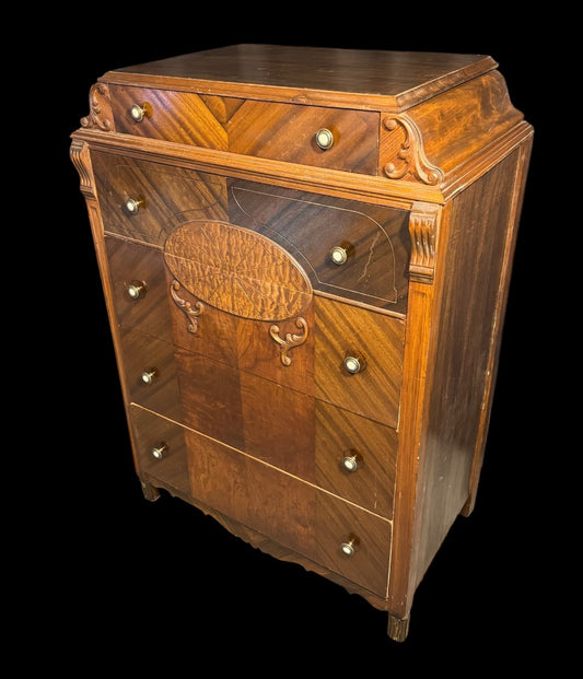 Art Deco Waterfall Style Inlaid Chest of Drawers – 1930s–1940s, 48″ Tall