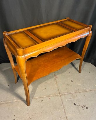French-Style Wooden Side Table with Leather Inlay & Lower Shelf – Vintage Reproduction