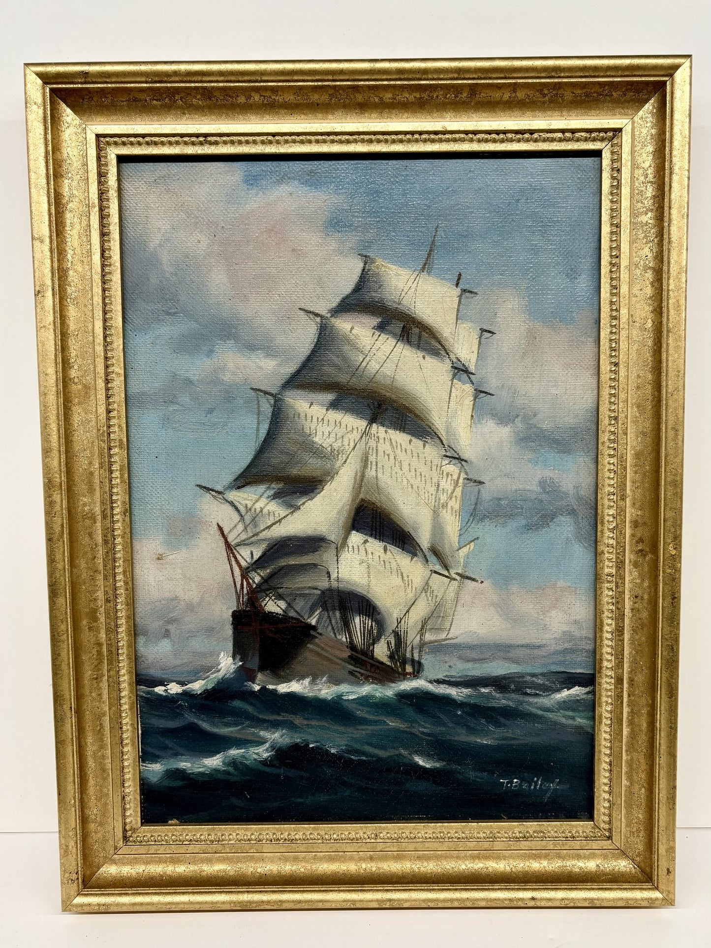T. Bailey “Full Sail Ship at Sea” Oil Painting in Gilt Frame – 12.5” x 17”