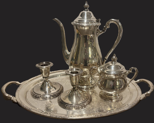 Vintage Camille Silverplate Tea/Coffee Items With Tray & Candle Sticks Holders