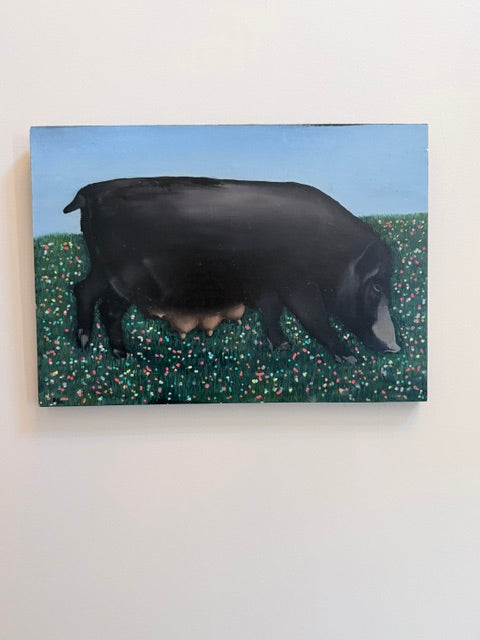 “Sumba Dream” — Signed Folk Art Oil on Wood Panel, Black Sow in Flowering Meadow