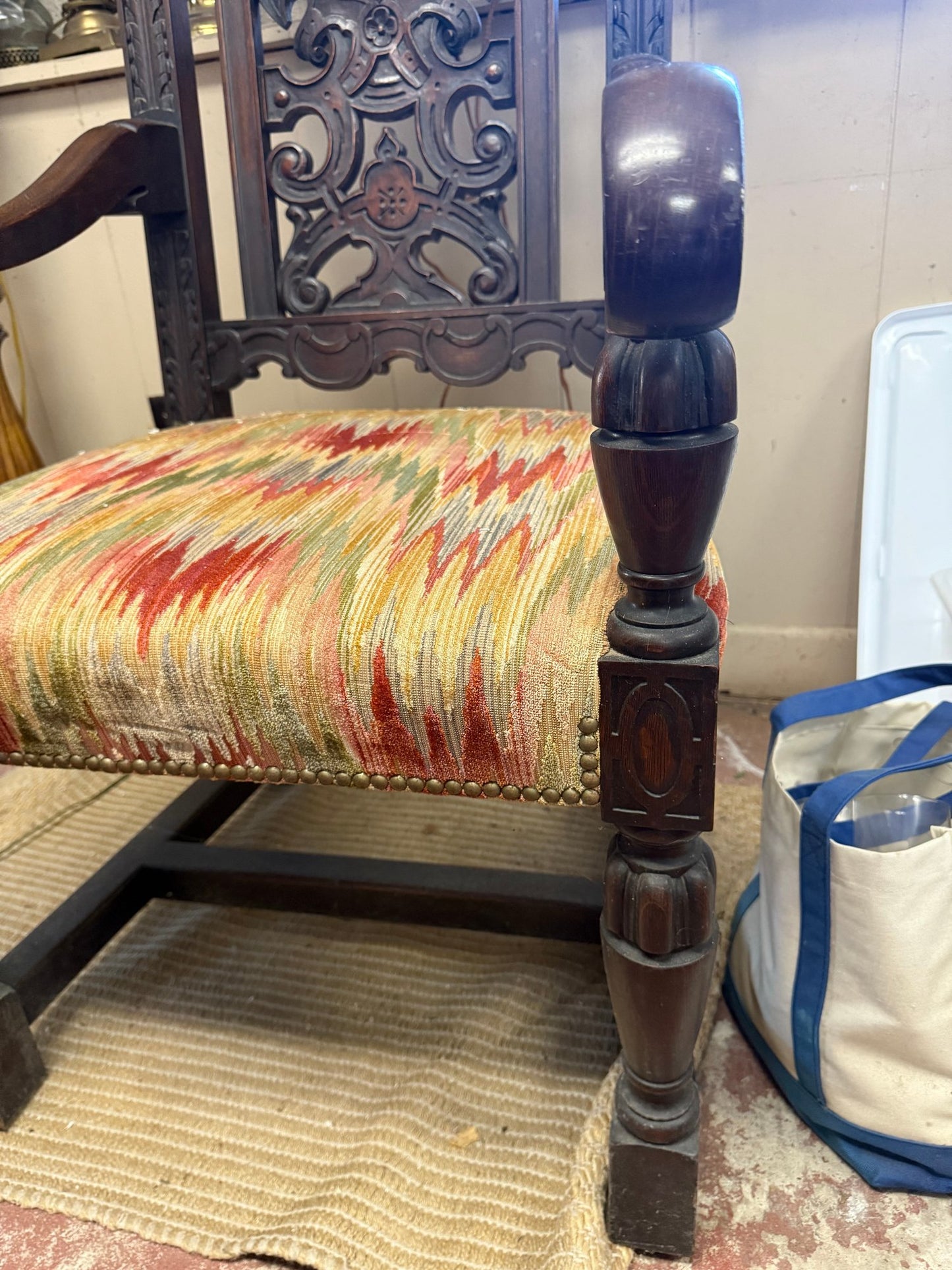 Dark Wood Baroque Revival King’s Chair with Carved Crest