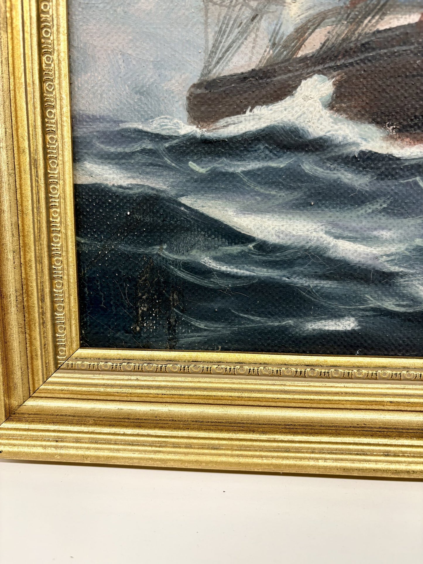 T. Bailey “Ship at Sea – Blue Sky, White Clouds” Oil Painting – 12.5” x 16.5” Framed