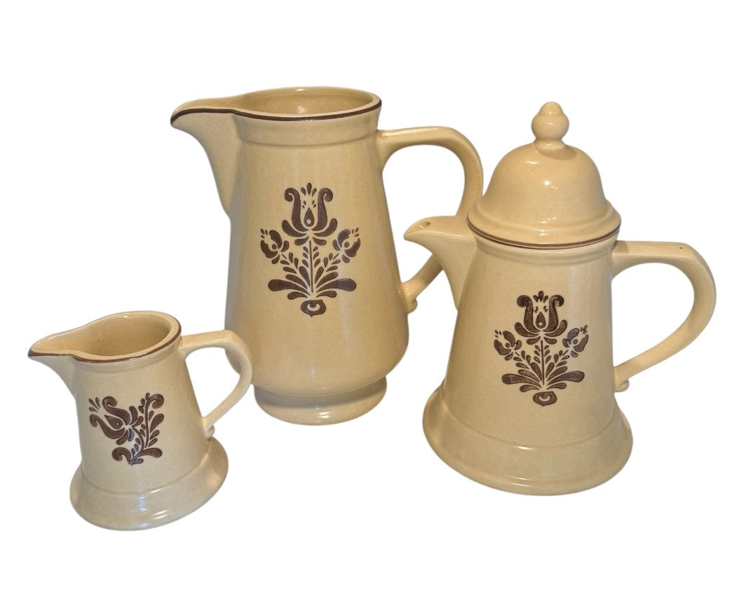 Pfaltzgraff Village Pattern 3-Piece Coffee Set — Coffee Pot with Lid, Tall Pitcher & Creamer — Vintage 1970s American Stoneware