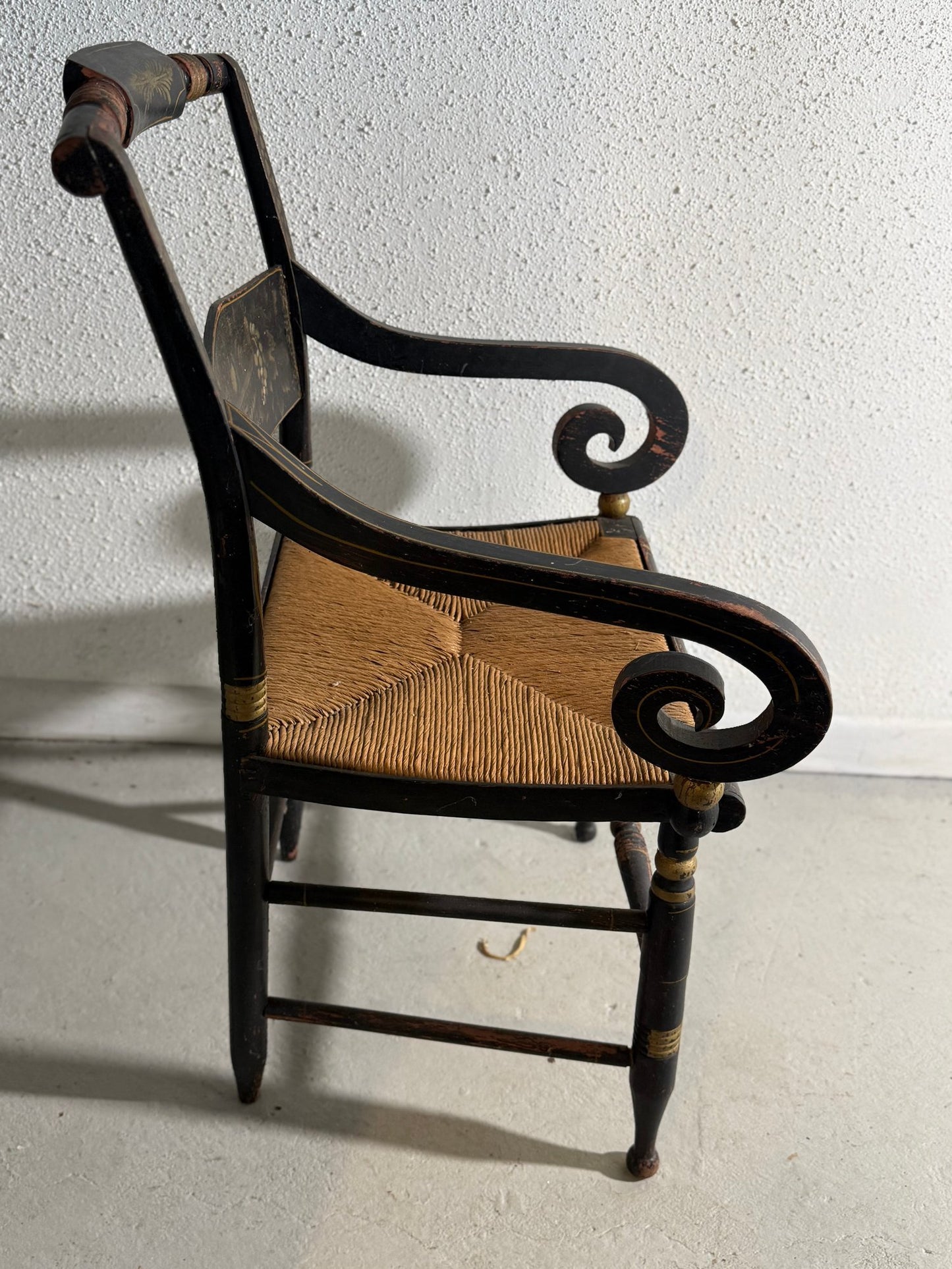 Vintage Hitchcock Black Painted Armchair with Rush Seat