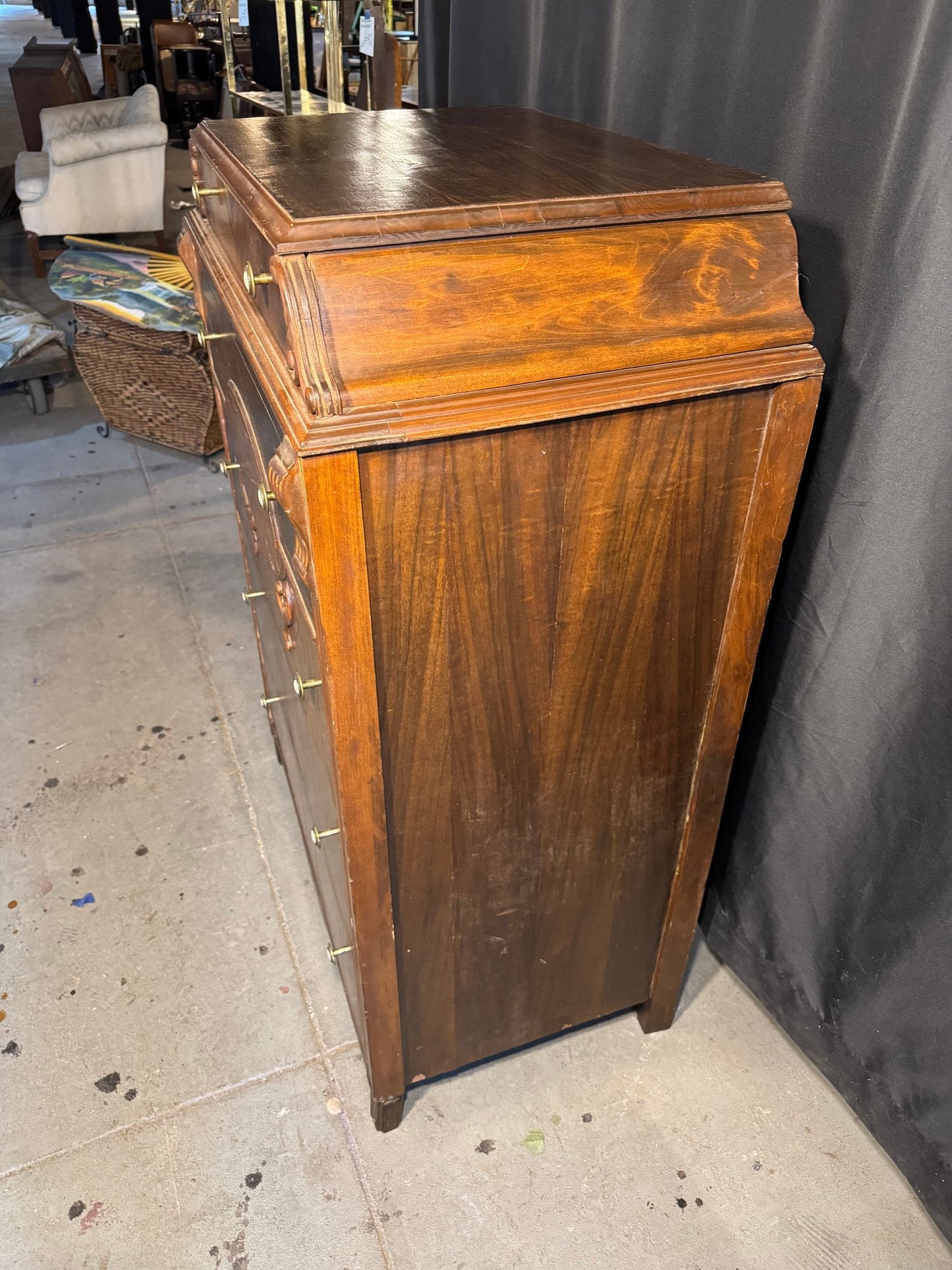 Art Deco Waterfall Style Inlaid Chest of Drawers – 1930s–1940s, 48″ Tall