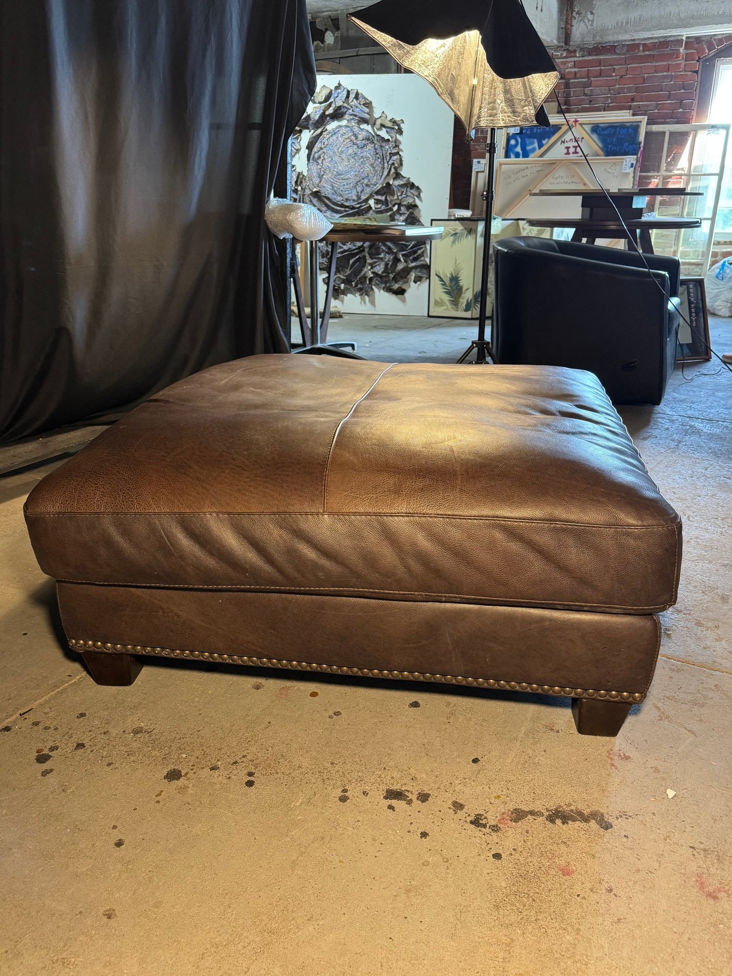 Oversized Brown Leather Ottoman – 44″ × 44″