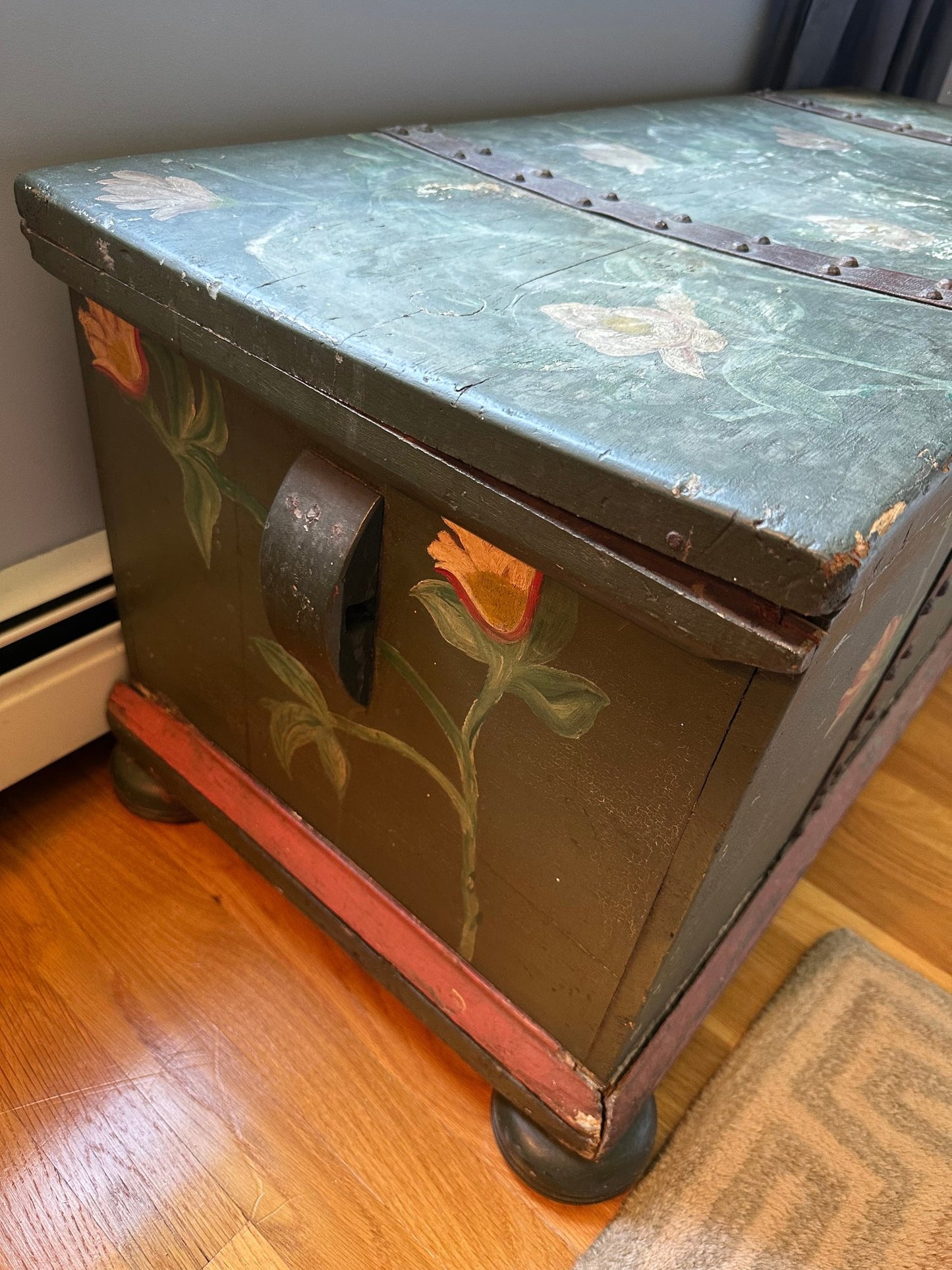 Antique Hand-Painted Green Storage Chest with Floral Motifs – Central/Eastern Europe, 43” Wide